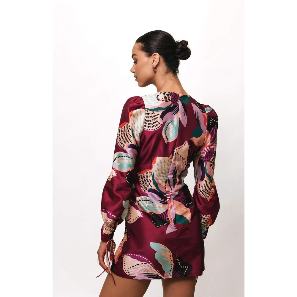 Hutch Burgundy Floral Satin Puff Sleeve Mini Dress Tie Cuff Deva NWT Size L - Picture 2 of 8